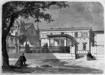 Architektura antyczna: widok na fasadę pompejańskiego domu „Księcia Napoleona” (1822-1891) wybudowanego przez architekta Alfreda Normanda. Paryż, rue Montaigne