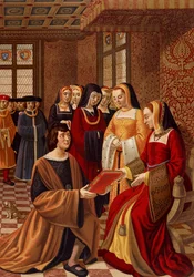 Anna z Bretanii (1477-1514) otoczona damami honoru. Chromolitografia po miniaturze z XVI wieku. Biblioteka Art Deco, Paryż