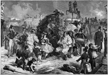 Coroczne święto małych kominów na ulicach Londynu, Anglia, maj 1860. Podczas tańca z okazji nadejścia wiosny dziecko robi quete z widzami; Grawer w „Le Monde Illustré” nr 160 z dnia 12 maja 1860 r.