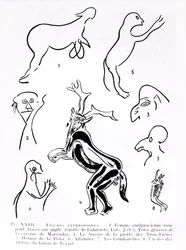 Postacie antropoidalne w prehistorycznych jaskiniach, z Les Artistes Prehistoriques Morin-Jean, 1933