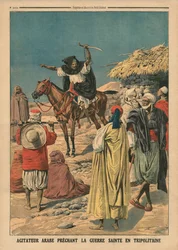 Arabski agitator głoszący Świętą Wojnę w Trypolitanii, ilustracja z „Le Petit Journal”, dodatek illustre, 19 listopada 1911
