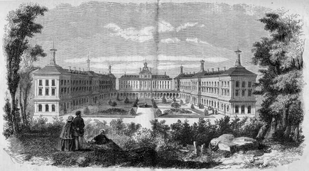 Architektura: widok ogólny szpitala wojskowego w Vincennes (1858). Grawer w „”Le Monde Illustré”” nr 61 z dnia 12 czerwca 1858 r.