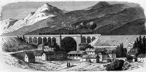 Architektura: widok na wiadukt Bellegarde (Rodan-Alpy) na linii kolejowej łączącej Lyon z Genewą. 1858. Grawer w „”Le Monde Illustré””n°49 z 20 marca 1858.