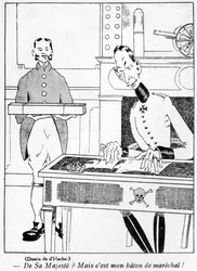 Oficer armii otrzymujący pałkę marszałkową od Kaisera, karykatura z Prima Aprilis (Poisson dAvril) wydanie magazynu La Baionette, 29 marca 1917
