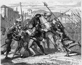 Aresztowanie Ludovica Marii Sforzy, zwanego il Moro (1452-1508), w Mediolanie w 1500 roku: zdradzony przez szwajcarskich najemników, wpadł w ręce armii francuskiej. Rycina w dziele „Historia Francji w stu obrazach” Paula Lehugeura