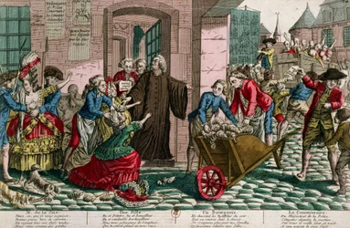 Aresztowanie prostytutek przez policję w Paryżu, ok. 1759 (kolorowe grawerowanie)