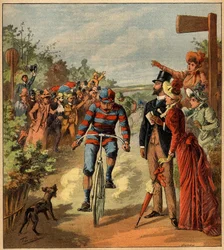 Przybycie wyścigu kolarskiego na francuskiej wsi. Grawer w „”La Terre Illustree”” nr 81 z 19 maja 1892 r.