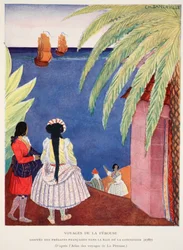 Przybycie francuskich fregat do Zatoki Poczęcia, Voyages of Perouse, kopia M. Charles Sanlaville (fl.1920-30), ilustracja z Histoire de la Nation Francaise autorstwa Gabriela Hanotaux (1853-194)