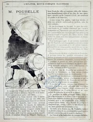 Artykuł i rysunek na temat Eugene Poubelle (1831-1907), prefekta Sekwany i wynalazcy pojemników na śmieci w 1884. 10.04.1885. Paryż, prefektura policji