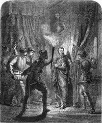 Zabójstwo admirała de Coligny podczas masakry w noc św. Bartłomieja w 1572 roku. W „Histoire populaire de la France”, bez daty, około 1885 roku. Rycina.