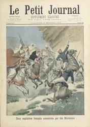 Zabójstwo dwóch francuskich kapitanów z Legii Cudzoziemskiej przez Marokańczyków z plemienia Beni-Smir, ilustracja okładkowa „Le Petit Journal”, 9 lutego 1902