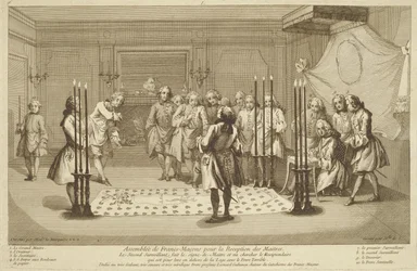 Zgromadzenie wolnomularzy przed inicjacją mistrza, z Ceremonii religii i obyczaju, ok. 1733