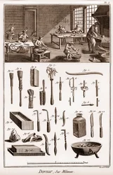 Warsztat złotnika na metalach - „” The Great Encyclopedia lub Dictionnaire Raisonne des Sciences, des Arts et des Metiers” (Encyklopedia lub słownik nauk, sztuki i zawodów) autorstwa Denisa Diderota (1713-1784) i Jeana d