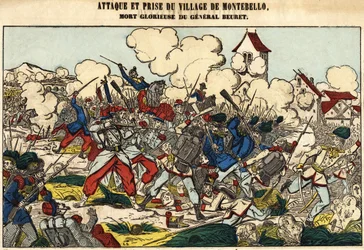 Atak i zdobycie wioski Montebello, chwalebna śmierć generała Beureta w 1859 roku. Obraz Epinal