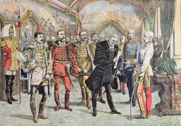 Kryzys austro-węgierski - przyjęcie magnatów węgierskich przez cesarza Franciszka Józefa, ilustracja z Le Petit Journal, 15.10.1905