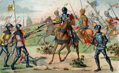 BITWA POD ROSEBECQUE 27 LISTOPADA 1382 (Rozebeke, Belgia). Chromolitografia z końca XIX wieku.
