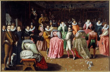 Bal na dworze króla Henryka III i królowej Katarzyny Medycejskiej (Caterina de Medici) znany jako Bal księcia Alencon Po lewej stronie reprezentowani są władcy, w tym królowa Margot (Margarita z Nawarry lub Valois (1553-1615). Malowanie F