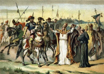 Najazdy barbarzyńców - Attyla i św. Leon I Wielki (440-461): barbarzyńca Attyla, przywódca Hunów, spotyka papieża św. Leona Wielkiego, któremu udało się przekonać go do oszczędzenia Włoch. Chromolitografia z końca XIX wieku