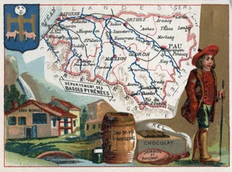 Bazy Pyrenees, obecnie Pyrenees-Atlantiques (Pyrenees Atlantiques, 64), Akwitania, Francja. Kąpiele termalne z eau-bonnes (dobra woda), brandy armaniak, czekolada, sól i szynka bayonne. Seria o francuskich departamentach. Chromolitografia (Chromo)”