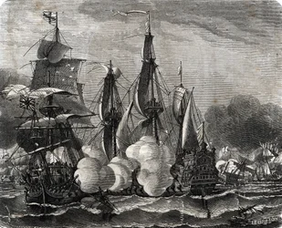 „Bitwa pod Bantry Bay bitwa morska stoczona 11 maja 1689, na tydzień przed wypowiedzeniem wojny dziewięcioletniej (bitwa morska w Bantry Bay stoczona 11 maja 1689, na tydzień przed wypowiedzeniem wojny dziewięcioletniej) Grawerowanie od Lahure