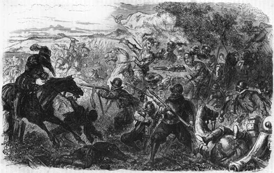 Bitwa pod Coutras w 1587, wygrana przez Henryka de Navarre, przyszłego Henryka IV. W „”Popularnej historii Francji””, bd. ok. 1885 r. Grawerowanie.