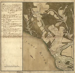 Bitwa pod Green Spring, mapa terenu na lewym brzegu rzeki James naprzeciw Jamestown w Wirginii, gdzie bitwa z 6 lipca