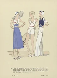 Stroje plażowe od Tres Parisien, czerwiec 1933 (nadruk pochoir)