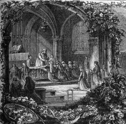 Bernadette Soubirous (1844-1879) podczas pierwszej komunii. XIX wiek (po 1858). Grawerowanie w „”Notre Dame de Lourdes”” Henri Lasserre