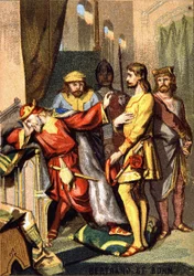 Bertran (Bertrand) de Born (1140 - 1215) trubadur perigordin, pan Hautefort, przed Henrykiem II (1133 - 1189) z Anglii. Chromolitografia z cyklu „Wychowanie patriotyczne przez obraz”.
