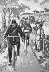 Ścieżka rowerowa dla czynników: Ścieżka projektu Swift autorstwa M. Berruyera - w „Theoretical and Practical Cycling” de l. Baudry de Saunier, rycina, Biblia. de la ville de Paris.