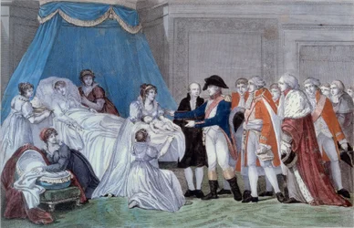 Narodziny króla Rzymu Napoleona II (Francois Charles Joseph Napoleon Bonaparte) (1811-1832): ceremonia metryki urodzenia syna cesarza Napoleona I (1769-1821) w Palais des Tuileries w dniu 20.03.1811. Rycina XIX wieku. Ile d