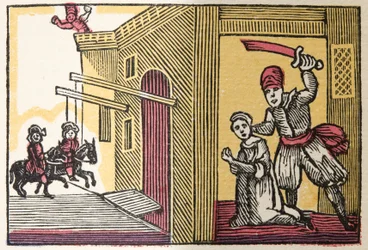 Blue Beard z Histories or Tales of Past Times opowiadanych przez Mother Goose, With Morals, M Perrault, wyd. 1925 (ręcznie barwiony drzeworyt)