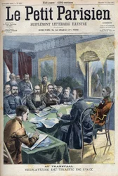 Wojna burska. Podpisanie traktatu pokojowego w Transwalu między wodzami burskimi a brytyjskim generałem Horatio Herbertem Kitchenerem (1850-1916) w Pretorii w RPA. Grawer w „”Le Petit Parisien””