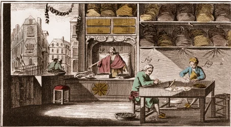Bouchonnier, produkcja zatyczek korkowych - „” La Grande Encyclopédie, ou Dictionnaire Raisonne des Sciences, des Arts et des Metiers” (Encyklopedia lub Słownik Nauk, Sztuki i Zawodów) autorstwa Denisa Diderota (1713-1784) i Jeana d