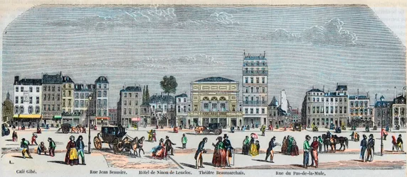 Boulevard Beaumarchais strona południowa - Cafe Gibe - Hotel de Ninon de Laclos - Teatr Beaumarchais - Rue pas de la mule - Grawerowanie w „Tableau-de-Paris” autorstwa Edmonda Texiera 1852