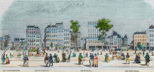 Boulevard Beaumarchais strona południowa - rue Neuve-Saint-Gilles - rue des Tournelles - rue de Harlay - rue Saint-Claude - Grawerowanie w “Tableau-de-Paris” autorstwa Edmonda Texiera 1852