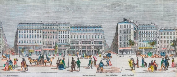 Boulevard Montmartre po stronie południowej i bulwar des Italiens po stronie południowej - Rue Vivienne - Maison Frascati - Rue Richelieu - Cafe Cardinal - Grawerowanie w „Tableau-de-Paris” autorstwa Edmonda Texiera 1852
