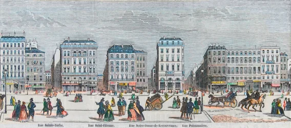 Boulevard Poissonniere - Rue Saint Barbe - Rue Saint Etienne - Rue Notre Dame de Reouvrance - Rue Poissonniere - Grawerowane w „Tableau-de-Paris” przez Edmonda Texiera 1852