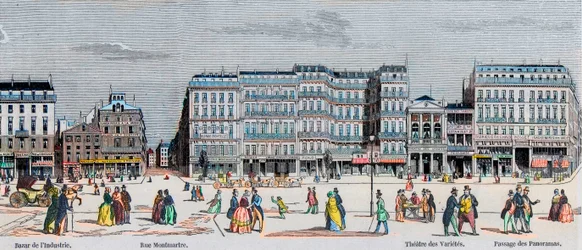 Boulevard Poissonniere i Boulevard Montmartre - bazar przemysłu - Rue Montmartre - Theatre des Varietes i passage des Panoramas - Grawerowanie w „Tableau-de-Paris” autorstwa Edmonda Texiera 1852