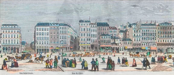 Boulevard Saint-Denis i Boulevard Bonne-Nouvelle - Rue Saint-Denis - Rue de Clery - Grawerowanie w "Tableau-de-Paris" Edmonda Texiera 1852