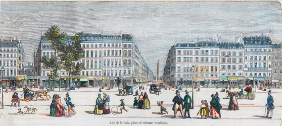 Boulevard des Capucines (Wybrzeże Południowe) - Rue de la Paix, miejsce i kolumna Vendome - Grawerowanie w „Tableau-de-Paris” autorstwa Edmonda Texiera 1852