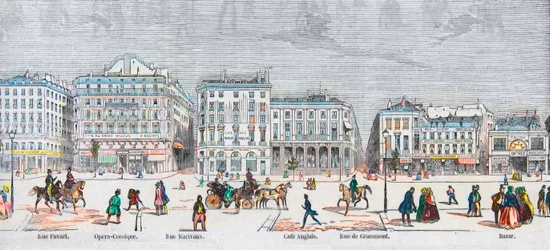 Boulevard des Italiens strona południowa - Rue Favart - Opera comic - Rue Marivaux - Kawiarnia angielska - Rue Grammont - Bazar - Grawerowanie w „Tableau-de-Paris” autorstwa Edmonda Texiera 1852