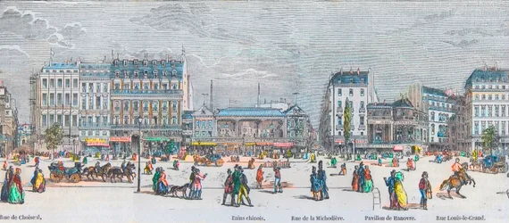 Boulevard des Italians strona południowa i Boulevard des Capucines strona południowa - rue de Choiseul - Łaźnie chińskie - rue de la Michodiere - Pavillon de Hanover - rue Louis-le-Grand - Grawerowanie w “Tableau-de-Paris” autorstwa Edmonda Texiera 1852
