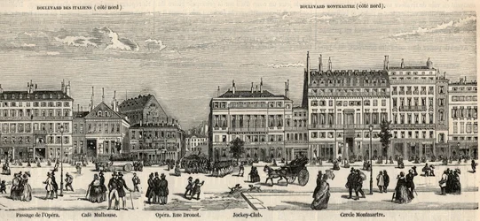 Boulevard des Italiens i bulwar Montmartre - Cafe Mulhouse - Cercle Montmartre - Jockey club - Grawerowanie w „Tableau-de-Paris” autorstwa Edmonda Texiera 1852 -