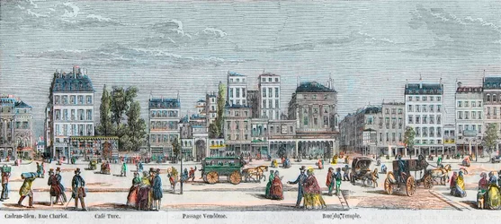 Boulevard du Temple strona południowa - Rue Charlot - Cafe Turk - Passage Vendome - Rue du Temple - Grawerowanie w „Tableau-de-Paris” autorstwa Edmonda Texiera 1852