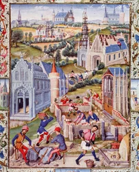 Place budowy w Saint Denis (miasto) pod budowę 12 kościołów na cześć 12 apotres. Miniatura zaczerpnięta z "Życia szlachetnego hrabiego Gerarda de Roussillon".