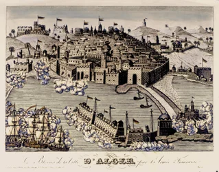 KOLONIALIZM: Blokada miasta Algier przez armię francuską. 1830 (kolorowa rycina)