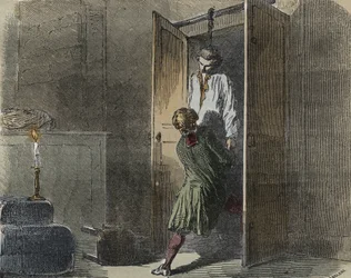 Sprawa Calas: 13 października 1761 Marc Antoine Calas zostaje znaleziony powieszony w rodzinnym butiku w Tuluzie - Grawer w „„Przyczyny celebres de tous les peuples” Armanda Fouquiera (1817-18?) 1858-1867 – kolekcja prywatna