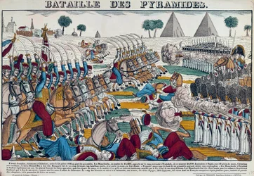 Kampania (wyprawa) Egiptu (1798-1801): Bitwa o Egipt w dniu 21.07.1798 r. Rycina XIX wieku.