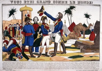 Kampania (wyprawa) egipska (1798-1801) prowadzona przez Napoleona Bonaparte w 1799 r. Obraz Epinal